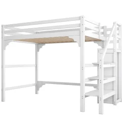 Lit mezzanine 140x200 cm blanc avec sommier, echelle, armoire et rangement integre pour chambre d adolescent