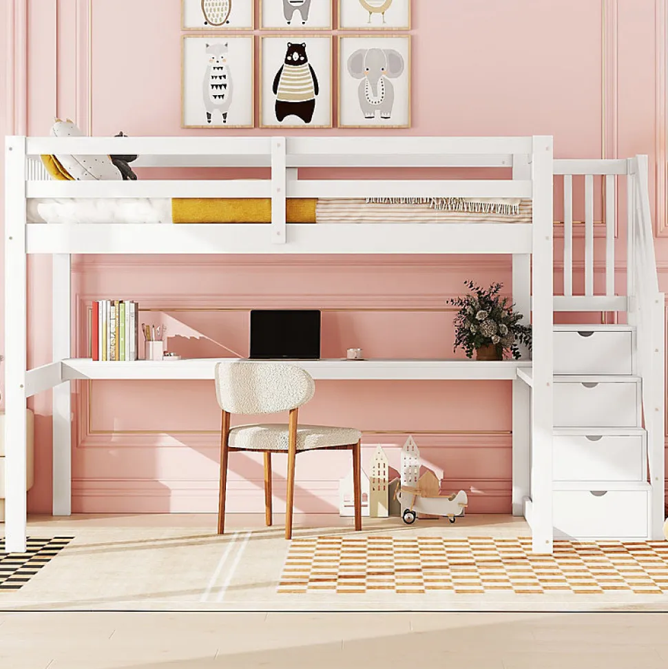 Lit mezzanine 140x200 cm blanc avec tiroirs de rangement et bureau intégré sous le lit pour enfant