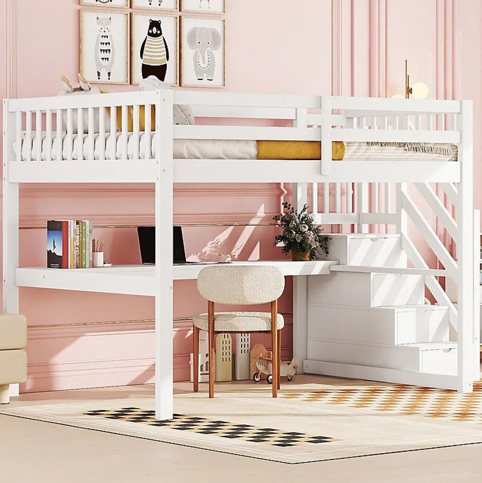 Lit mezzanine 140x200 cm blanc avec tiroirs de rangement et bureau intégré sous le lit pour enfant