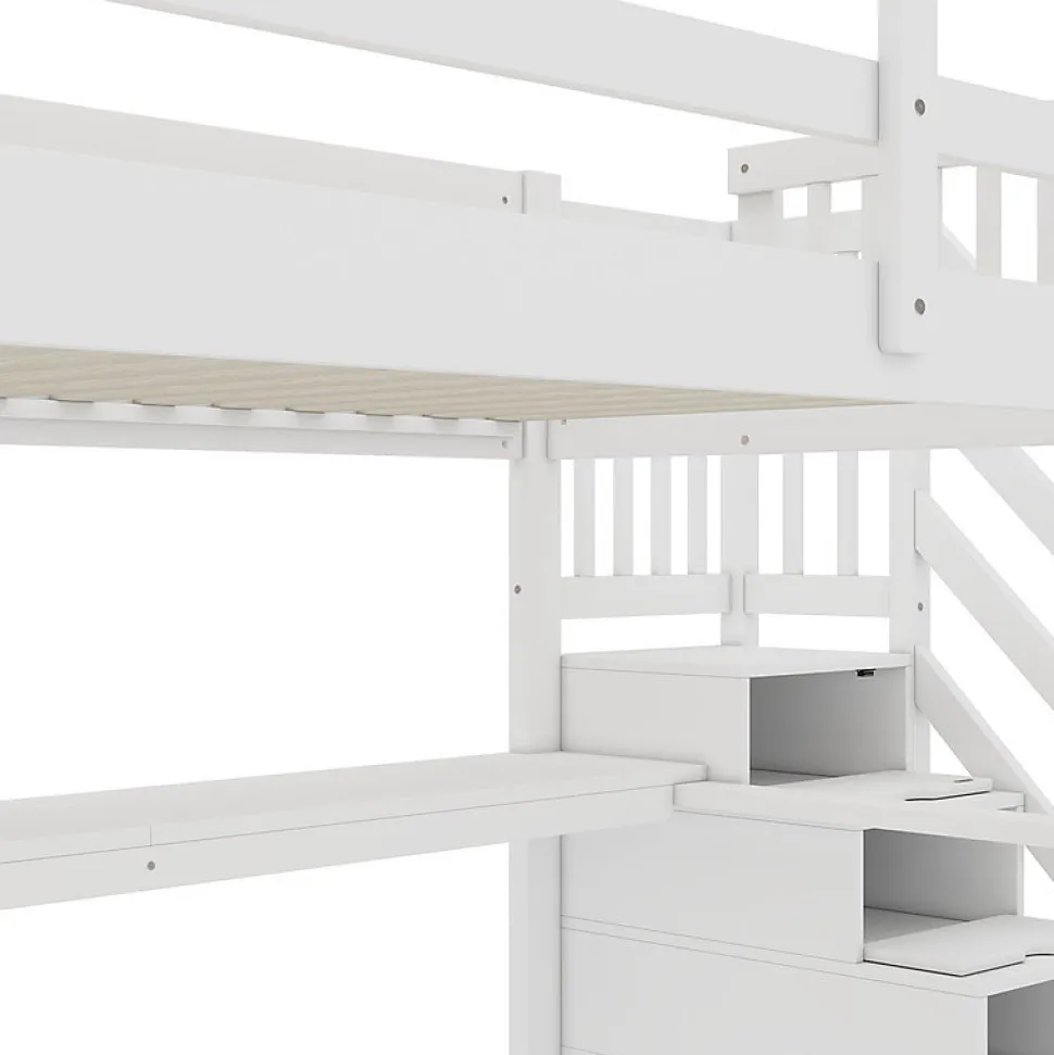 Lit mezzanine 140x200 cm blanc avec tiroirs de rangement et bureau intégré sous le lit pour enfant