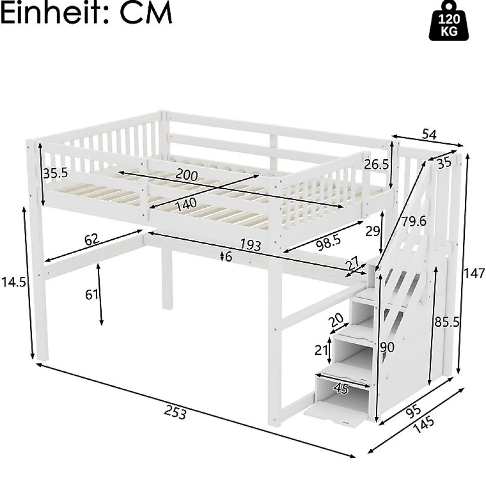 Lit mezzanine 140x200 cm blanc avec tiroirs de rangement et bureau intégré sous le lit pour enfant
