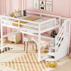 Lit mezzanine 140x200 cm blanc avec tiroirs de rangement et bureau intégré sous le lit pour enfant