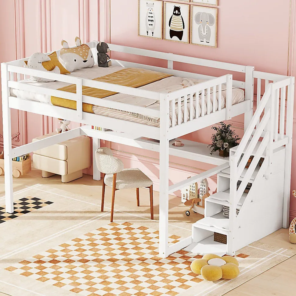 Lit mezzanine 140x200 cm blanc avec tiroirs de rangement et bureau intégré sous le lit pour enfant