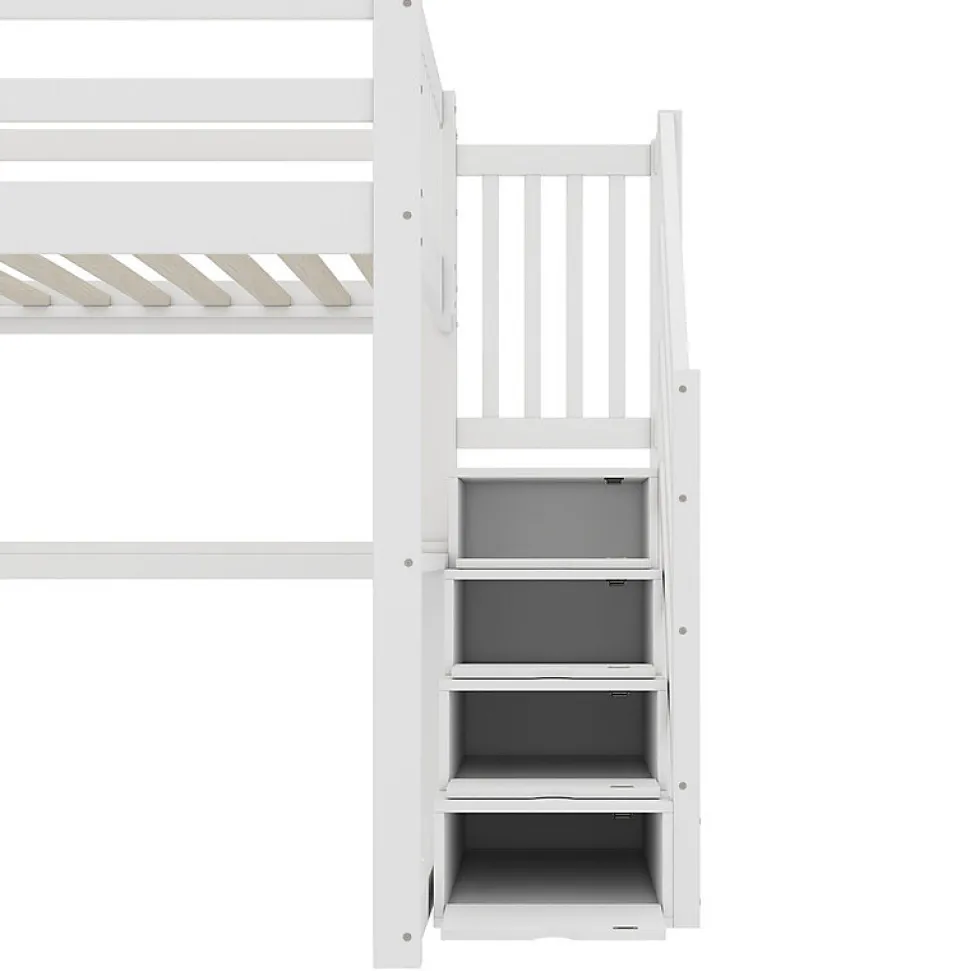 Lit mezzanine 140x200 cm blanc avec tiroirs de rangement et bureau intégré sous le lit pour enfant
