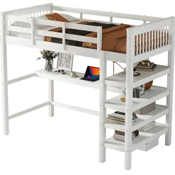 Lit mezzanine 90x200 cm blanc sans matelas avec bureau integre et etageres pour chambre denfant
