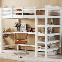 Lit mezzanine 90x200 cm blanc sans matelas avec bureau integre et etageres pour chambre denfant
