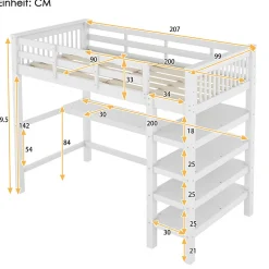 Lit mezzanine 90x200 cm blanc sans matelas avec bureau integre et etageres pour chambre denfant