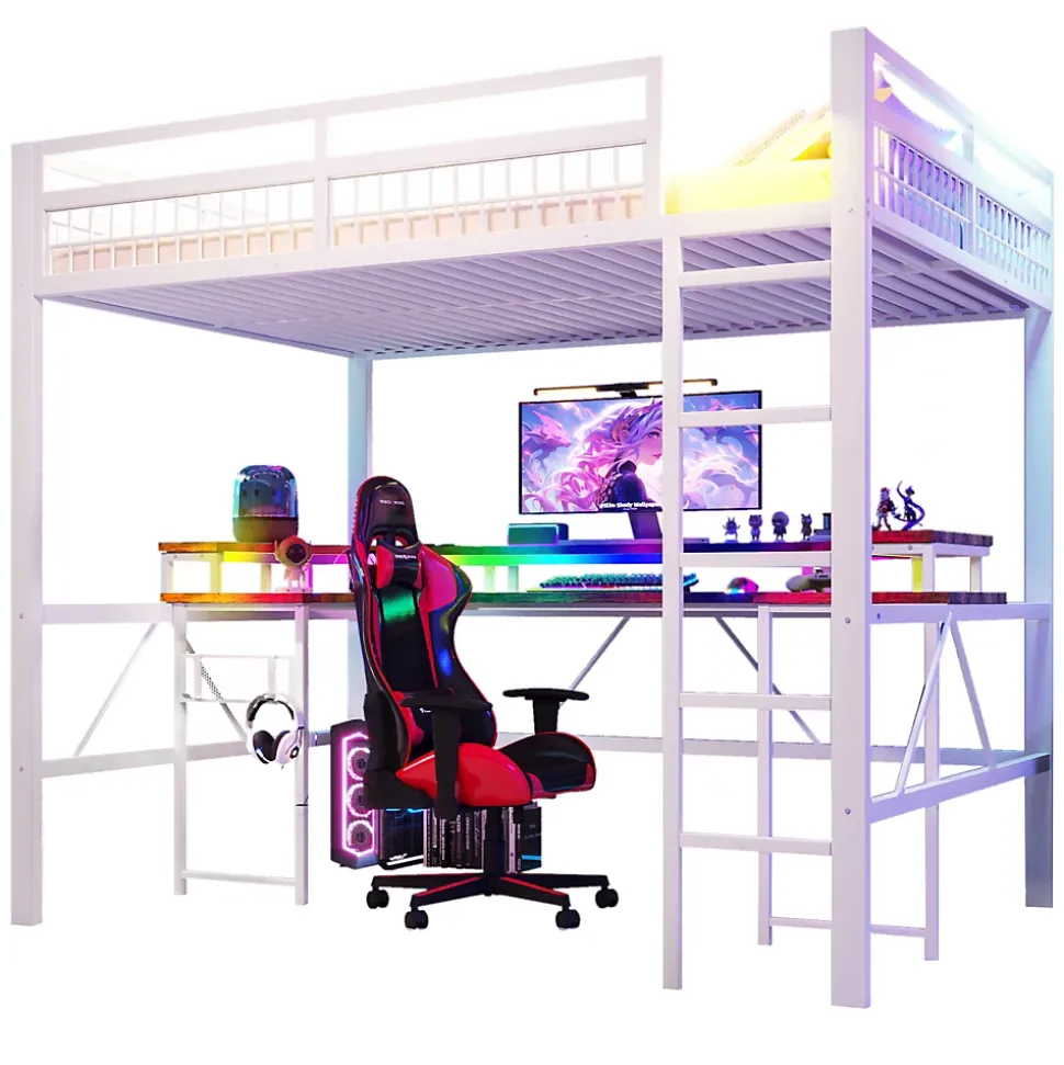 Lit Mezzanine 140x200 cm -Bureau Intégré, Éclairage LED Réglable, Panneau Perforé, Ports USB, Type-C et 2 Prises - Métal/MDF Blanc