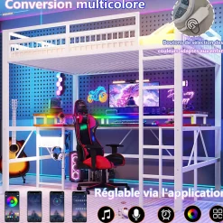 Lit Mezzanine 140x200 cm -Bureau Intégré, Éclairage LED Réglable, Panneau Perforé, Ports USB, Type-C et 2 Prises - Métal/MDF Blanc