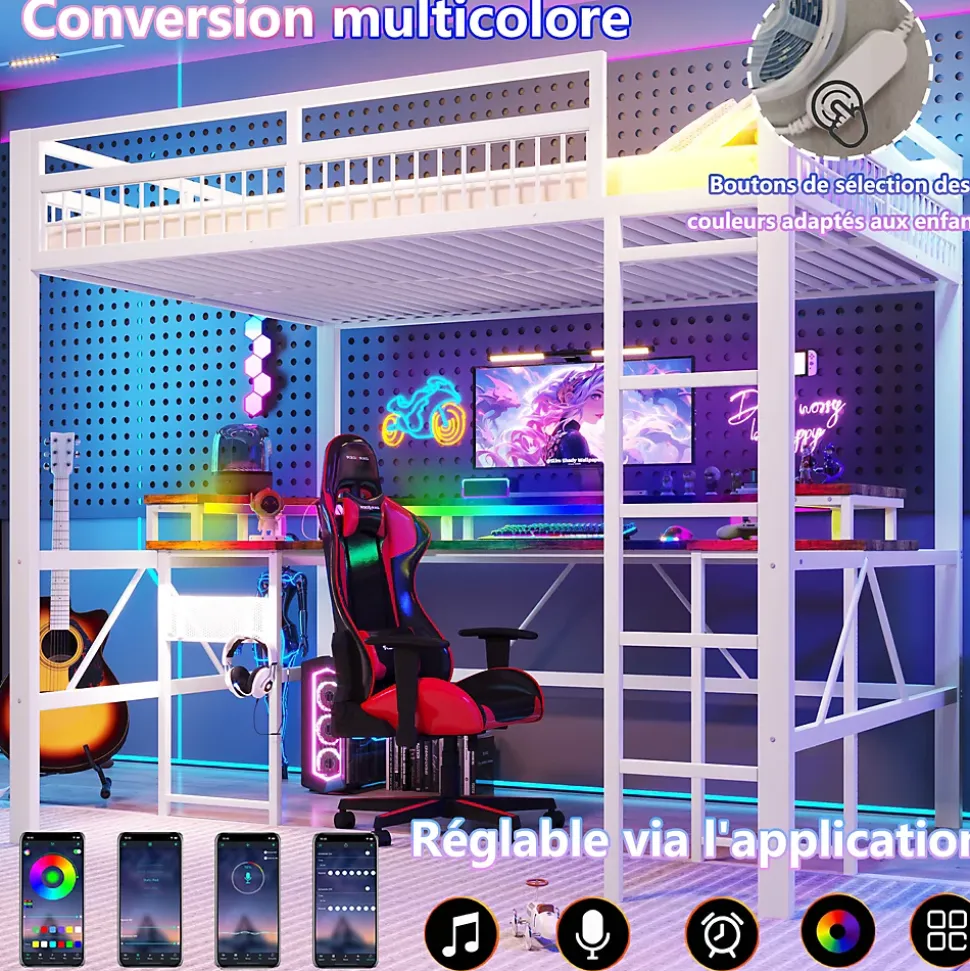 Lit Mezzanine 140x200 cm -Bureau Intégré, Éclairage LED Réglable, Panneau Perforé, Ports USB, Type-C et 2 Prises - Métal/MDF Blanc