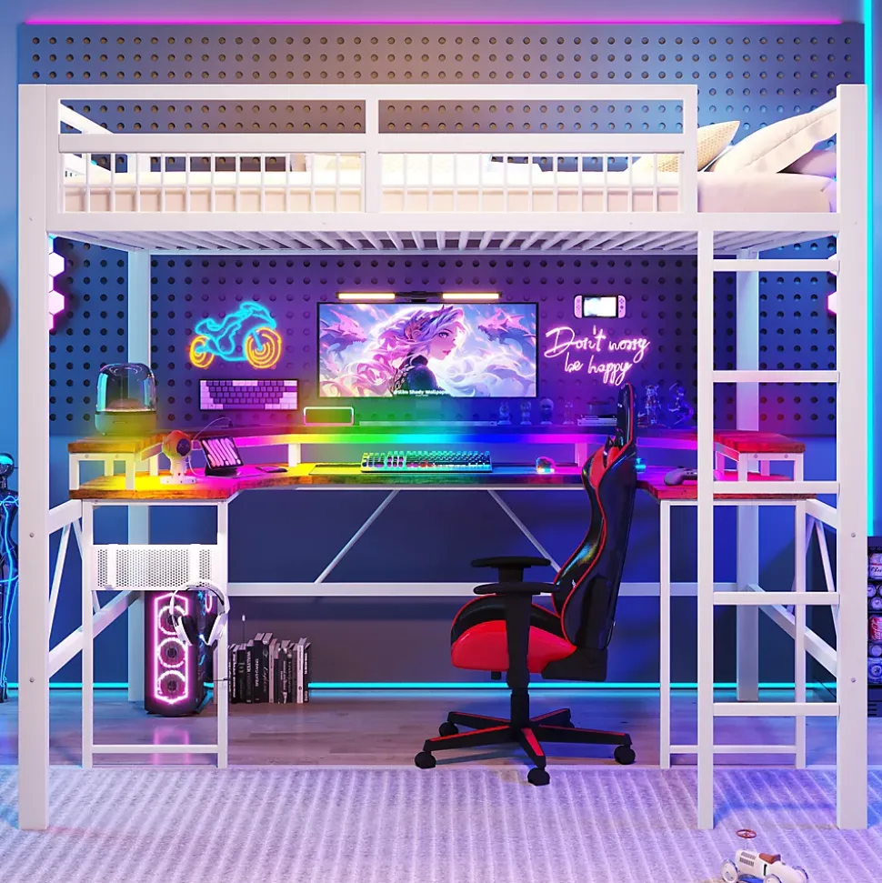 Lit Mezzanine 140x200 cm -Bureau Intégré, Éclairage LED Réglable, Panneau Perforé, Ports USB, Type-C et 2 Prises - Métal/MDF Blanc