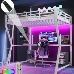 Lit mezzanine 140x200 cm déco avec bureau intégré, prises USB et LED, escalier sécurisé, métal+MDF blanc, sans matelas