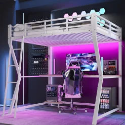 Lit mezzanine 140x200 cm déco avec bureau intégré, prises USB et LED, escalier sécurisé, métal+MDF blanc, sans matelas