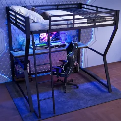 Lit mezzanine 140x200 cm déco avec bureau intégré, prises USB et LED, escalier sécurisé, métal+MDF noir, sans matelas