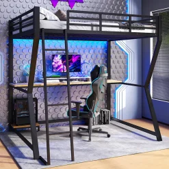 Lit mezzanine 140x200 cm déco avec bureau intégré, prises USB et LED, escalier sécurisé, métal+MDF noir, sans matelas