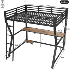 Lit mezzanine 140x200 cm déco avec bureau intégré, prises USB et LED, escalier sécurisé, métal+MDF noir, sans matelas