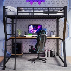 Lit mezzanine 140x200 cm déco avec bureau intégré, prises USB et LED, escalier sécurisé, métal+MDF noir, sans matelas