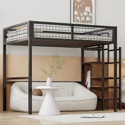 Lit mezzanine 140x200 cm double avec rangement et échelle de sécurité, structure métal et MDF noir, montage inclus, sans matelas