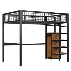 Lit mezzanine 140x200 cm double avec rangement et échelle de sécurité, structure métal et MDF noir, montage inclus, sans matelas