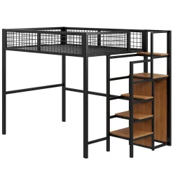 Lit mezzanine 140x200 cm double avec rangement et échelle de sécurité, structure métal et MDF noir, montage inclus, sans matelas