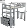 Lit mezzanine 90x200 cm en bois de pin gris avec échelle verticale tiroirs étagères et sommier à lattes