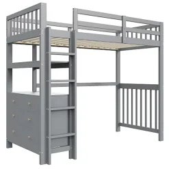 Lit mezzanine 90x200 cm en bois de pin gris avec échelle verticale tiroirs étagères et sommier à lattes