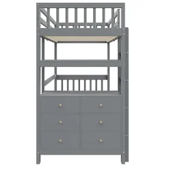 Lit mezzanine 90x200 cm en bois de pin gris avec échelle verticale tiroirs étagères et sommier à lattes