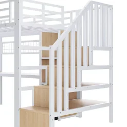 Lit mezzanine 90x200 cm en fer - Compartiments de rangement - 4 tiroirs - LED - Bureau et escalier - Blanc (sans matelas)