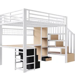 Lit mezzanine 90x200 cm en fer - Compartiments de rangement - 4 tiroirs - LED - Bureau et escalier - Blanc (sans matelas)