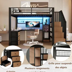 Lit mezzanine 90x200 cm en fer - Compartiments de rangement - 4 tiroirs - LED - Bureau et escalier - Noir (sans matelas)