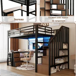 Lit mezzanine 90x200 cm en fer - Compartiments de rangement - 4 tiroirs - LED - Bureau et escalier - Noir (sans matelas)