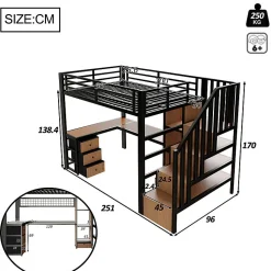 Lit mezzanine 90x200 cm en fer - Compartiments de rangement - 4 tiroirs - LED - Bureau et escalier - Noir (sans matelas)
