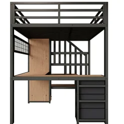 Lit mezzanine 90x200 cm en fer - Compartiments de rangement - 4 tiroirs - LED - Bureau et escalier - Noir (sans matelas)
