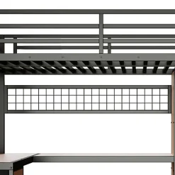 Lit mezzanine 90x200 cm en fer - Compartiments de rangement - 4 tiroirs - LED - Bureau et escalier - Noir (sans matelas)
