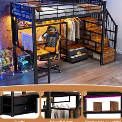 Lit mezzanine 90x200 cm en fer - 2 tiroirs - Tringle à vêtements - Éclairage LED - Bureau - Noir (matelas non inclus)