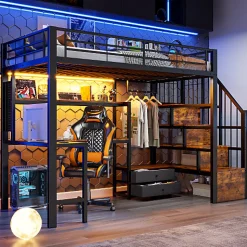 Lit mezzanine 90x200 cm en fer - 2 tiroirs - Tringle à vêtements - Éclairage LED - Bureau - Noir (matelas non inclus)