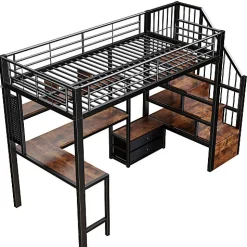 Lit mezzanine 90x200 cm en fer - 2 tiroirs - Tringle à vêtements - Éclairage LED - Bureau - Noir (matelas non inclus)