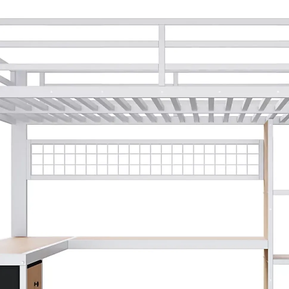 Lit mezzanine 140x200 cm en fer - Compartiments de rangement - 4 tiroirs - LED - Bureau et escalier - Blanc (sans matelas)