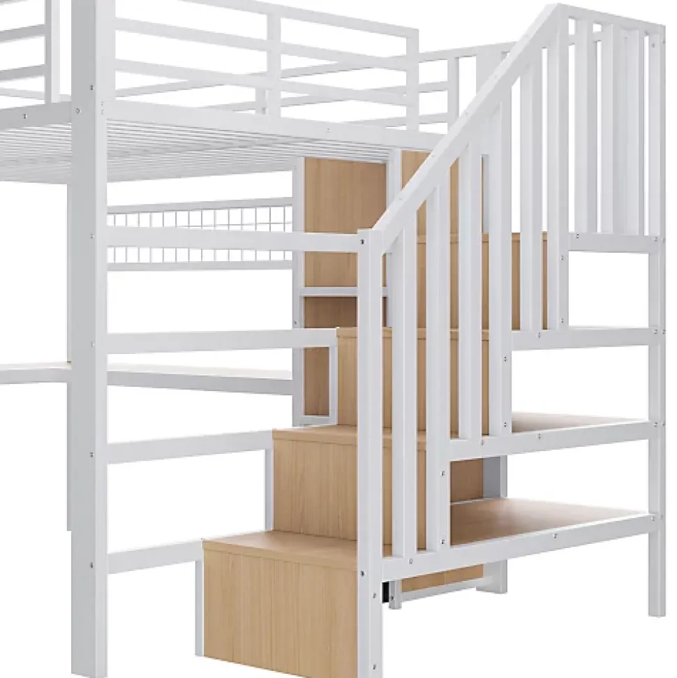 Lit mezzanine 140x200 cm en fer - Compartiments de rangement - 4 tiroirs - LED - Bureau et escalier - Blanc (sans matelas)