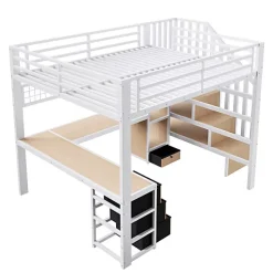 Lit mezzanine 140x200 cm en fer - Compartiments de rangement - 4 tiroirs - LED - Bureau et escalier - Blanc (sans matelas)