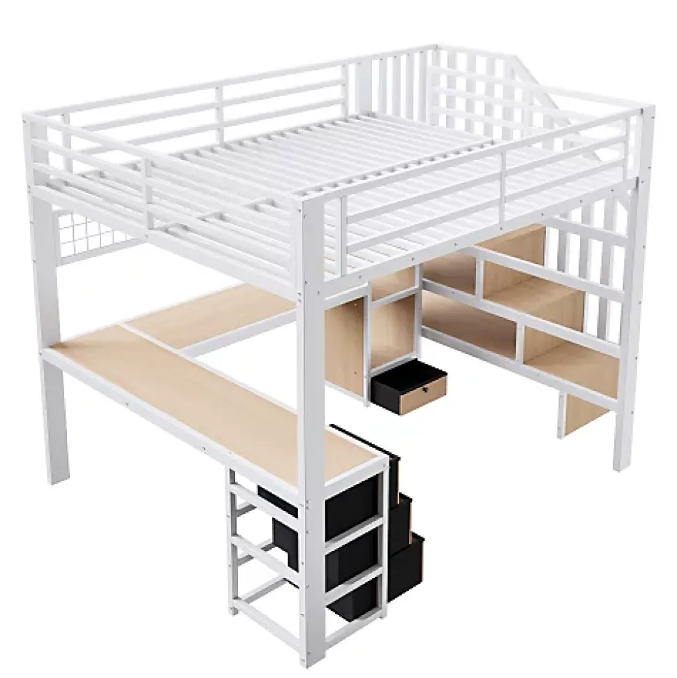 Lit mezzanine 140x200 cm en fer - Compartiments de rangement - 4 tiroirs - LED - Bureau et escalier - Blanc (sans matelas)
