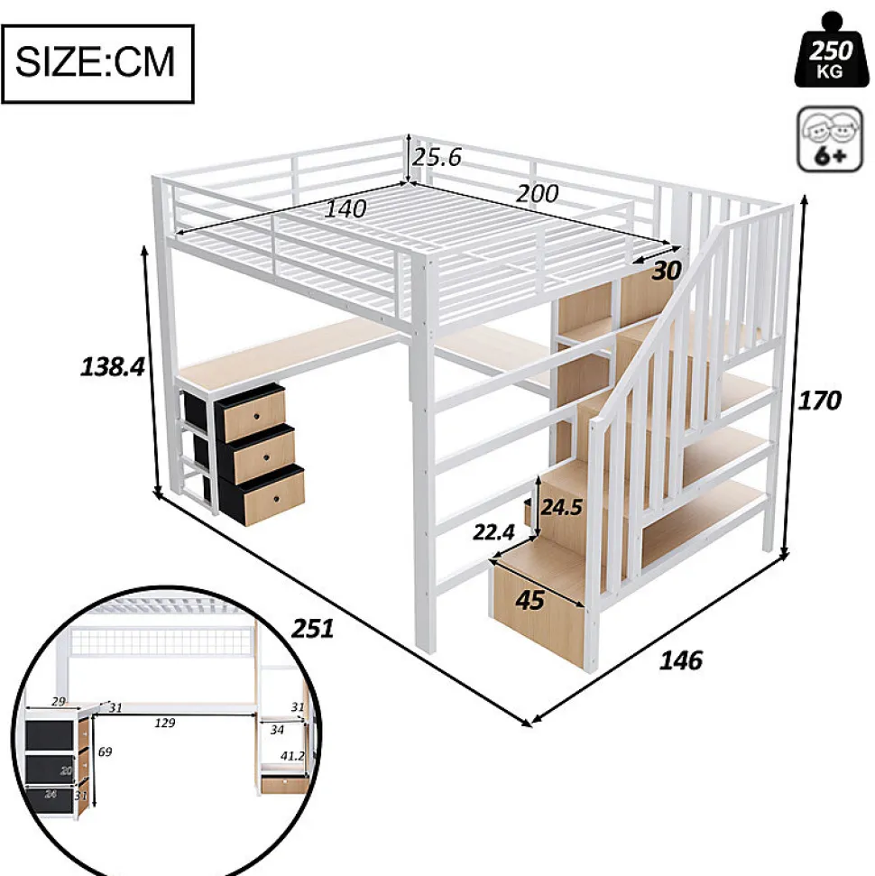 Lit mezzanine 140x200 cm en fer - Compartiments de rangement - 4 tiroirs - LED - Bureau et escalier - Blanc (sans matelas)