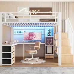 Lit mezzanine 140x200 cm en fer - Compartiments de rangement - 4 tiroirs - LED - Bureau et escalier - Blanc (sans matelas)