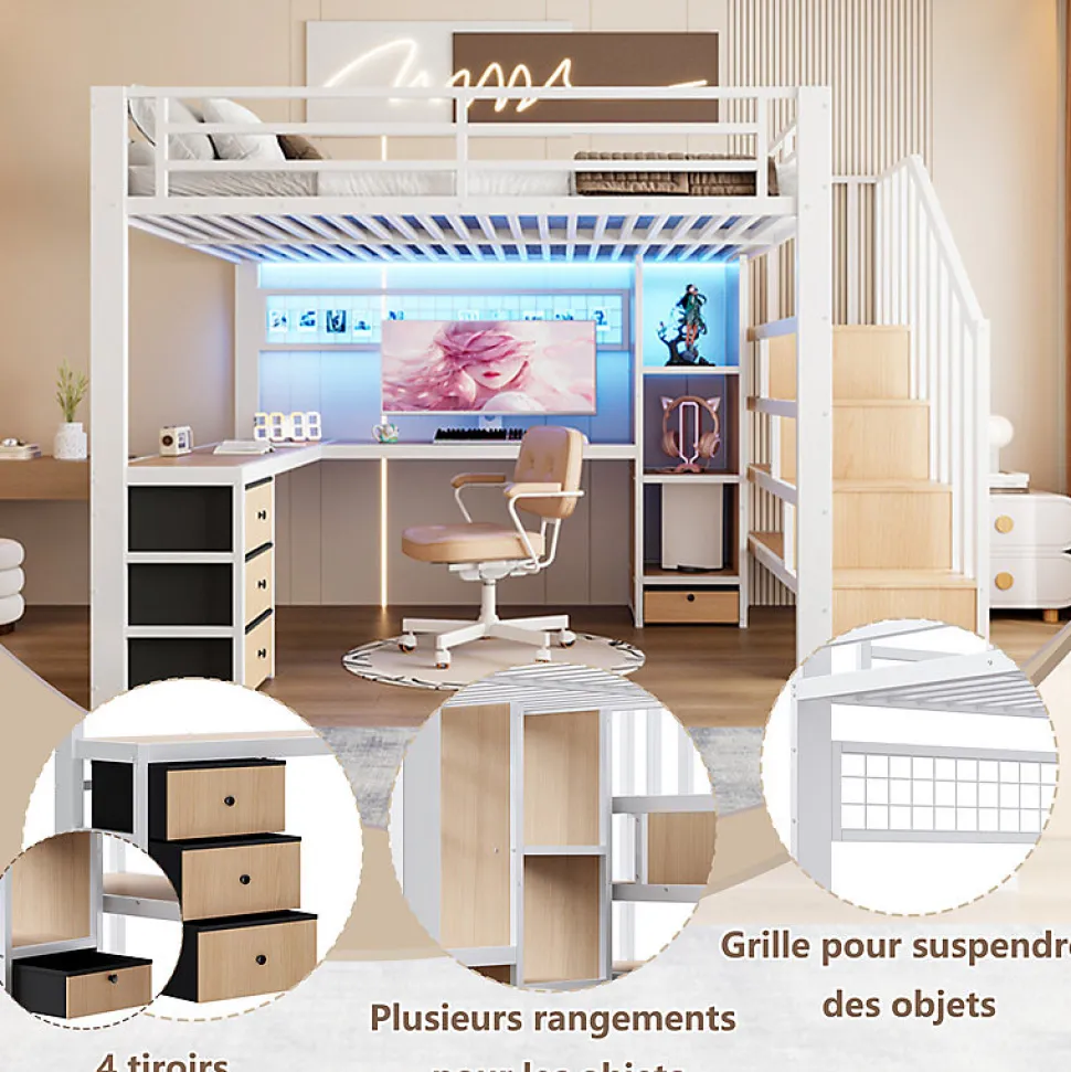 Lit mezzanine 140x200 cm en fer - Compartiments de rangement - 4 tiroirs - LED - Bureau et escalier - Blanc (sans matelas)