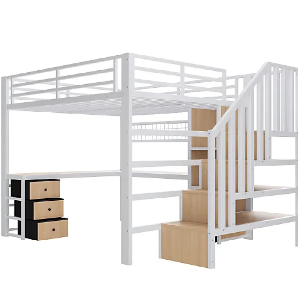 Lit mezzanine 140x200 cm en fer - Compartiments de rangement - 4 tiroirs - LED - Bureau et escalier - Blanc (sans matelas)