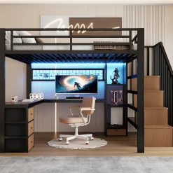 Lit mezzanine 140x200 cm en fer - Compartiments de rangement - 4 tiroirs - LED - Bureau et escalier - Noir (sans matelas)