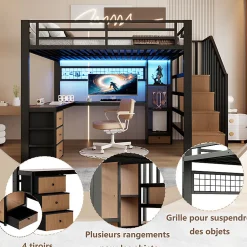 Lit mezzanine 140x200 cm en fer - Compartiments de rangement - 4 tiroirs - LED - Bureau et escalier - Noir (sans matelas)