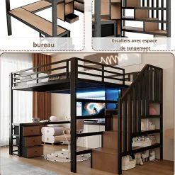 Lit mezzanine 140x200 cm en fer - Compartiments de rangement - 4 tiroirs - LED - Bureau et escalier - Noir (sans matelas)