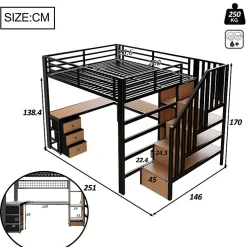 Lit mezzanine 140x200 cm en fer - Compartiments de rangement - 4 tiroirs - LED - Bureau et escalier - Noir (sans matelas)