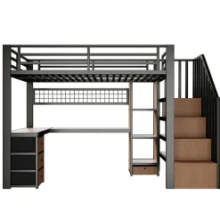 Lit mezzanine 140x200 cm en fer - Compartiments de rangement - 4 tiroirs - LED - Bureau et escalier - Noir (sans matelas)